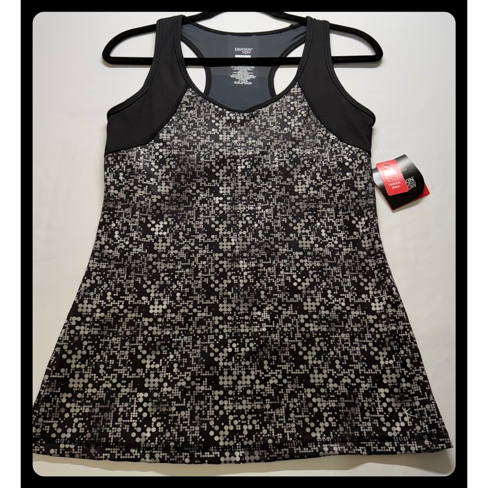 Danskin Now Racerback Tank Top Women Size M Black Gray Dot Activewear Shirt